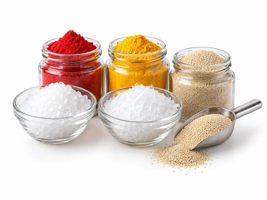 Jars of food colours, citric acid, MSG and dry yeast