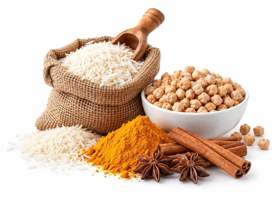 Rice, popcorn kernels, turmeric and whole spices