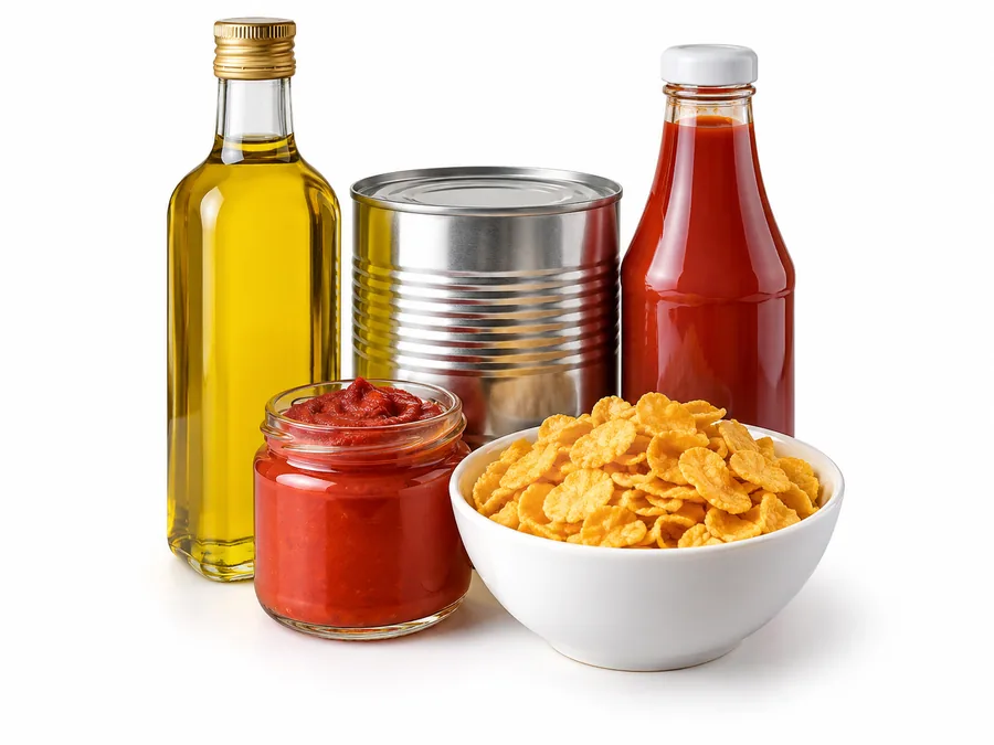 Olive oil, tinned goods, tomato paste, ketchup and cereal