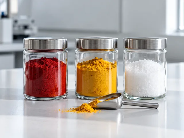 Jars of red and yellow food colour and citric acid