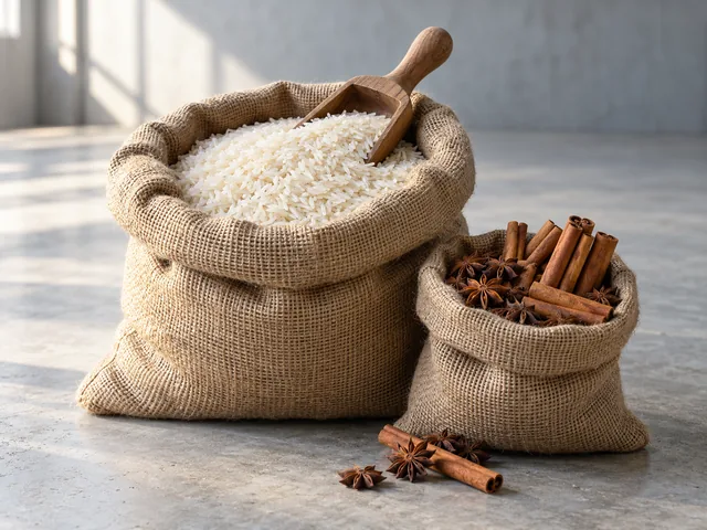 Jute sacks of rice and whole spices
