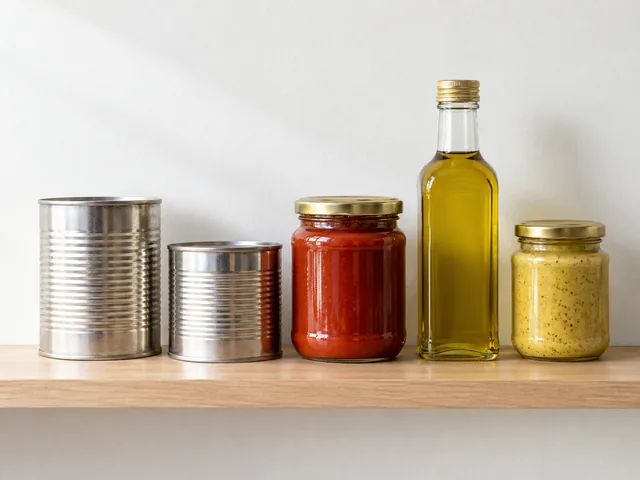 Tins, jars and a bottle of olive oil on a shelf