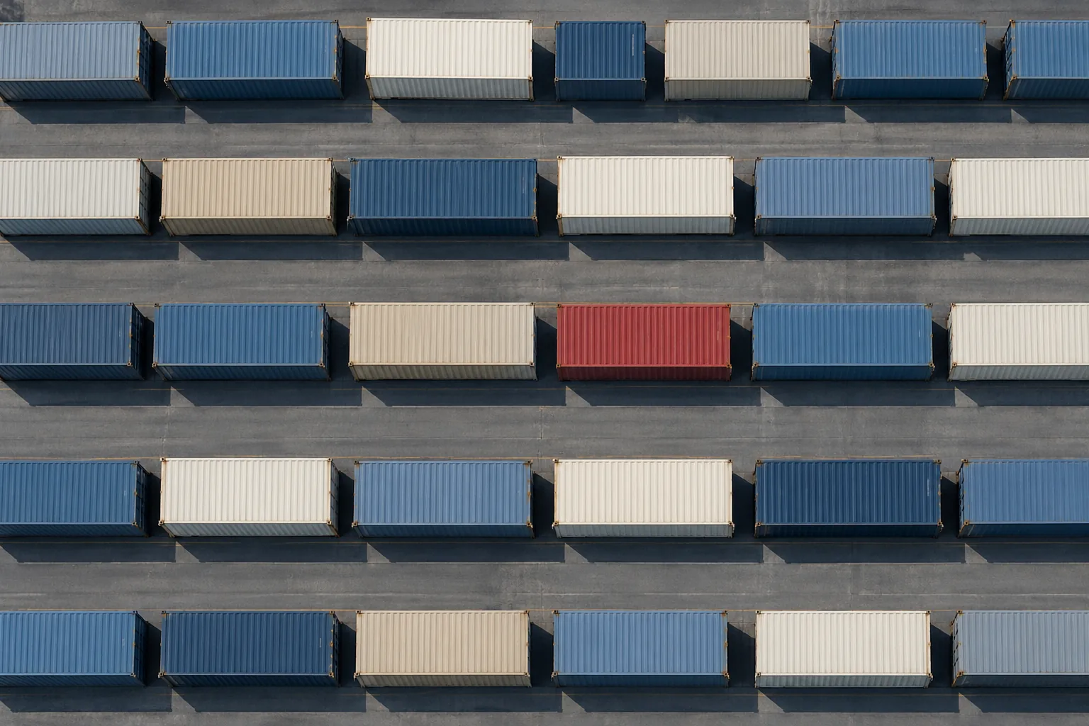 Rows of shipping containers seen from above, one in red