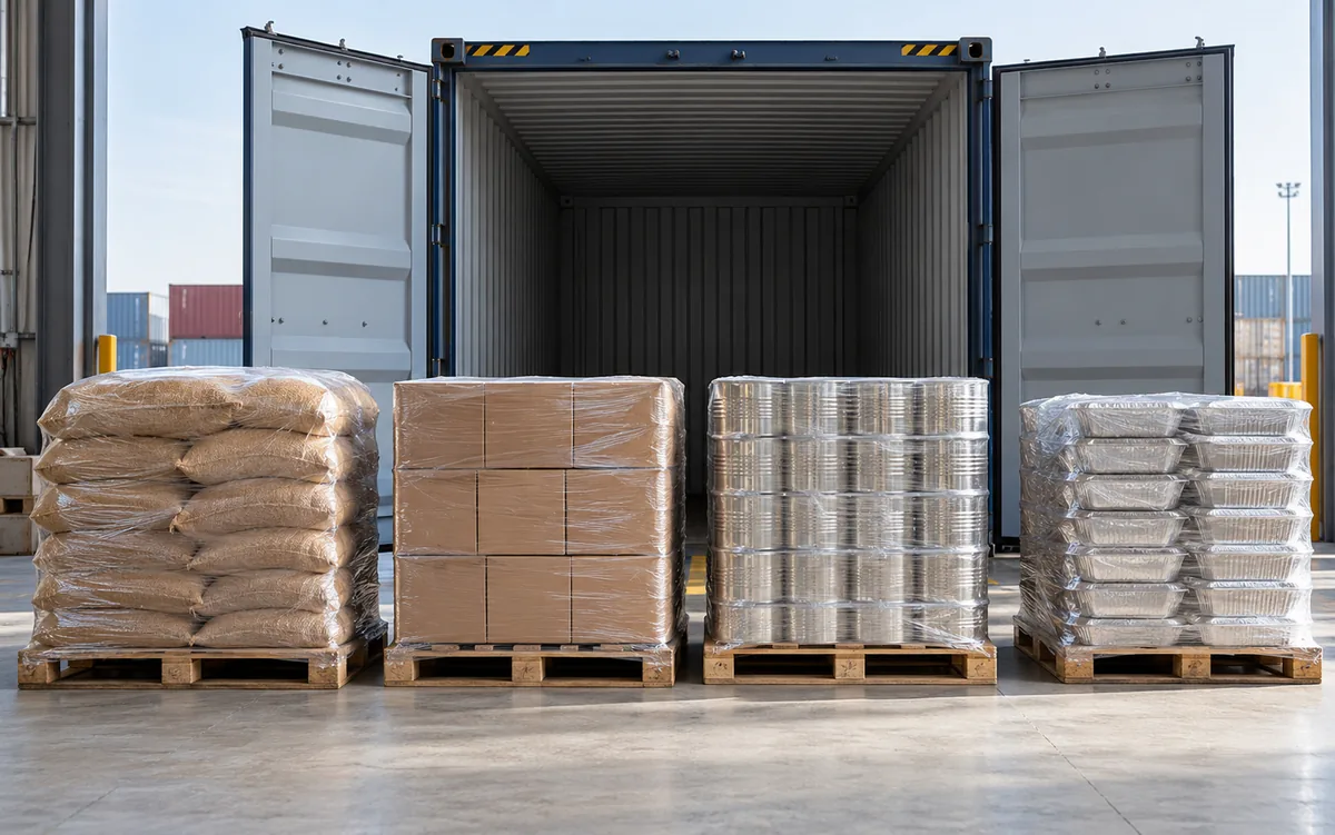Wrapped pallets ready for despatch in front of an open container