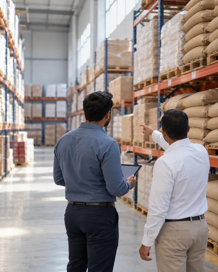 Two colleagues reviewing stock in a warehouse aisle