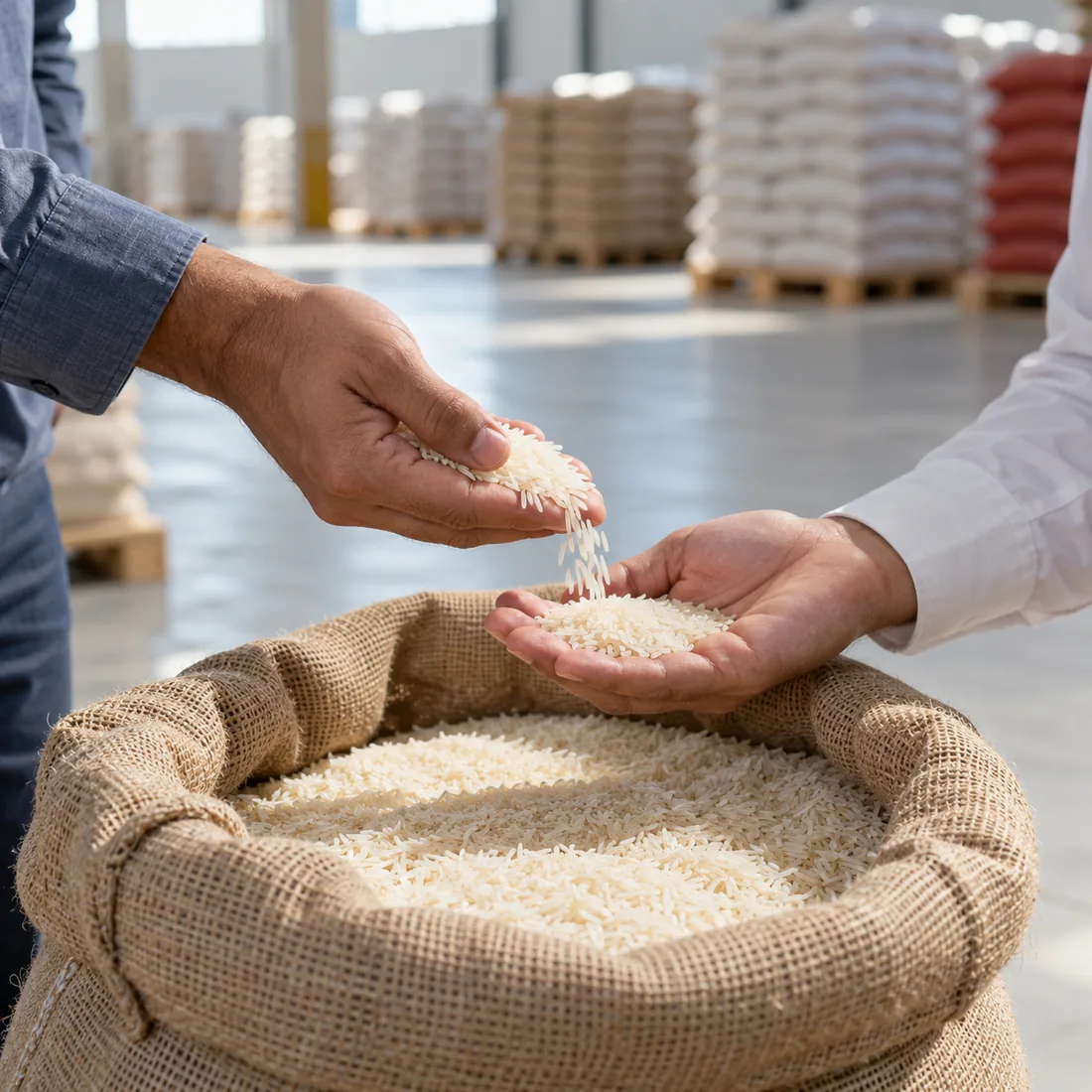 Rice poured into a hand for inspection on a supplier visit