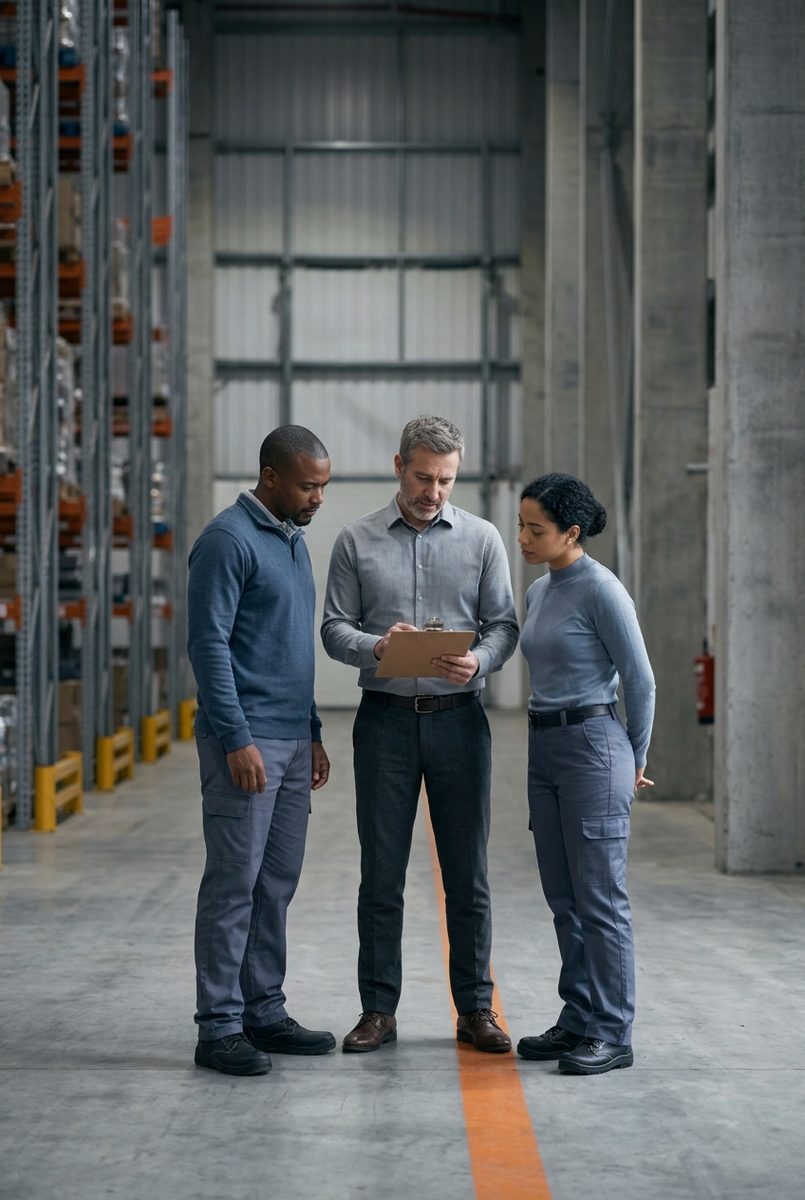 A supervisor briefing a team at the edge of the floor