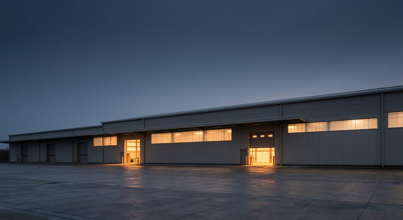 A group facility at dusk, lit from within