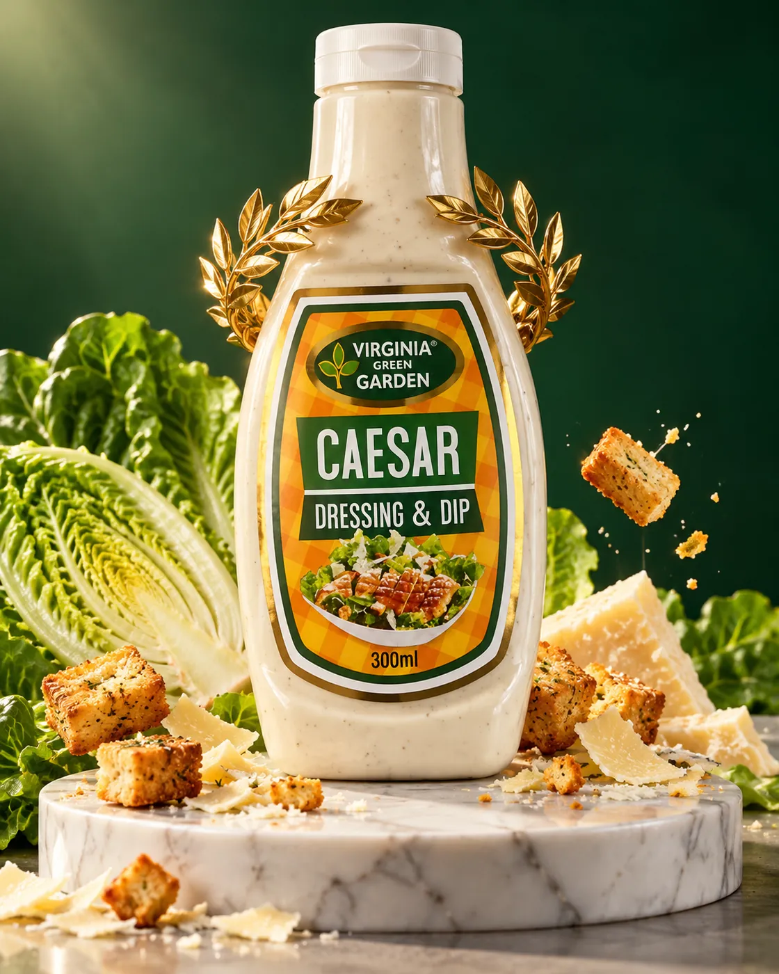Virginia Green Garden Caesar dressing on a marble stand with fresh romaine