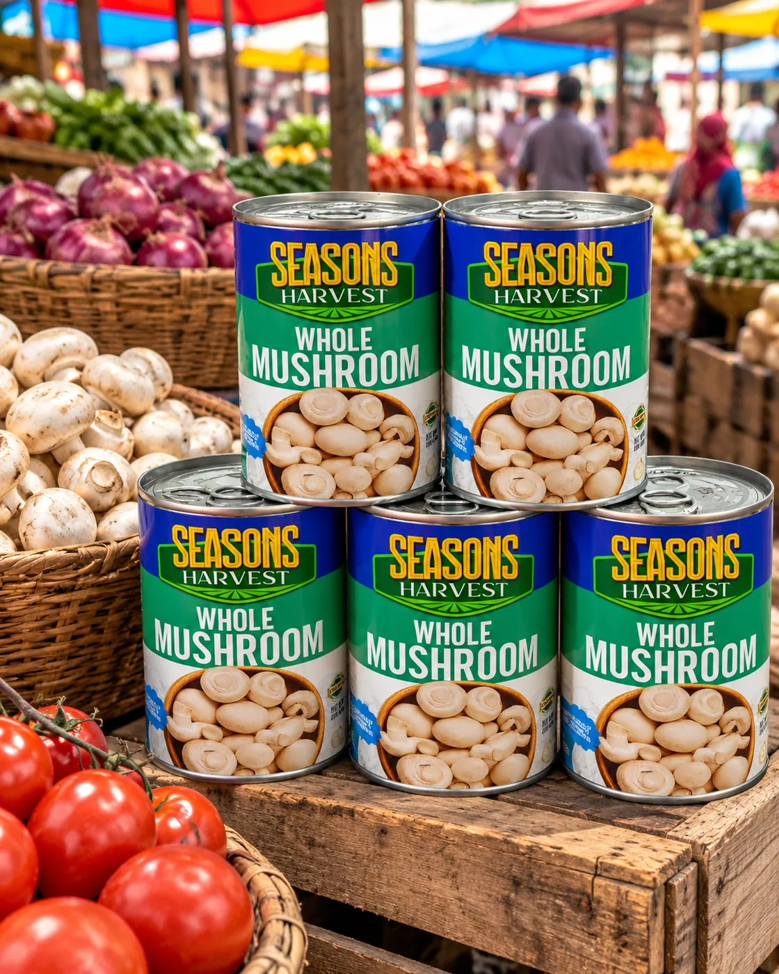 Seasons Harvest whole mushroom tins at a fresh market