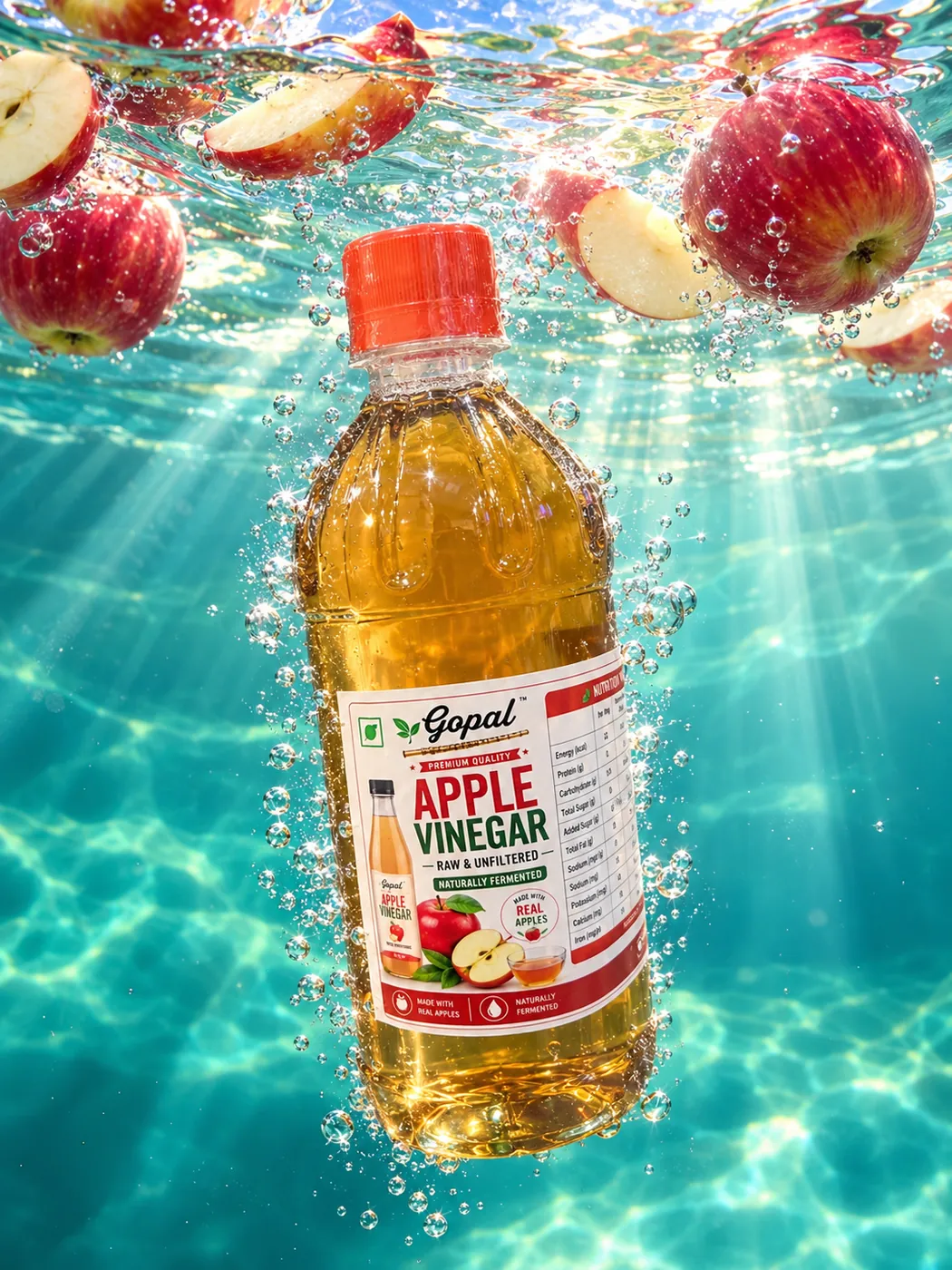Gopal apple vinegar splashing into clear water with apples