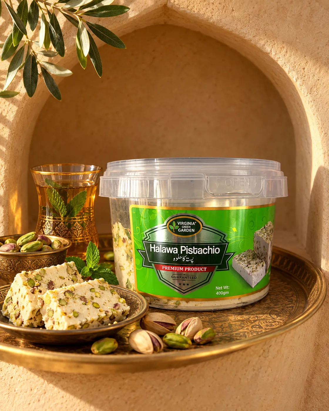 Virginia Green Garden pistachio halawa with tea and pistachios