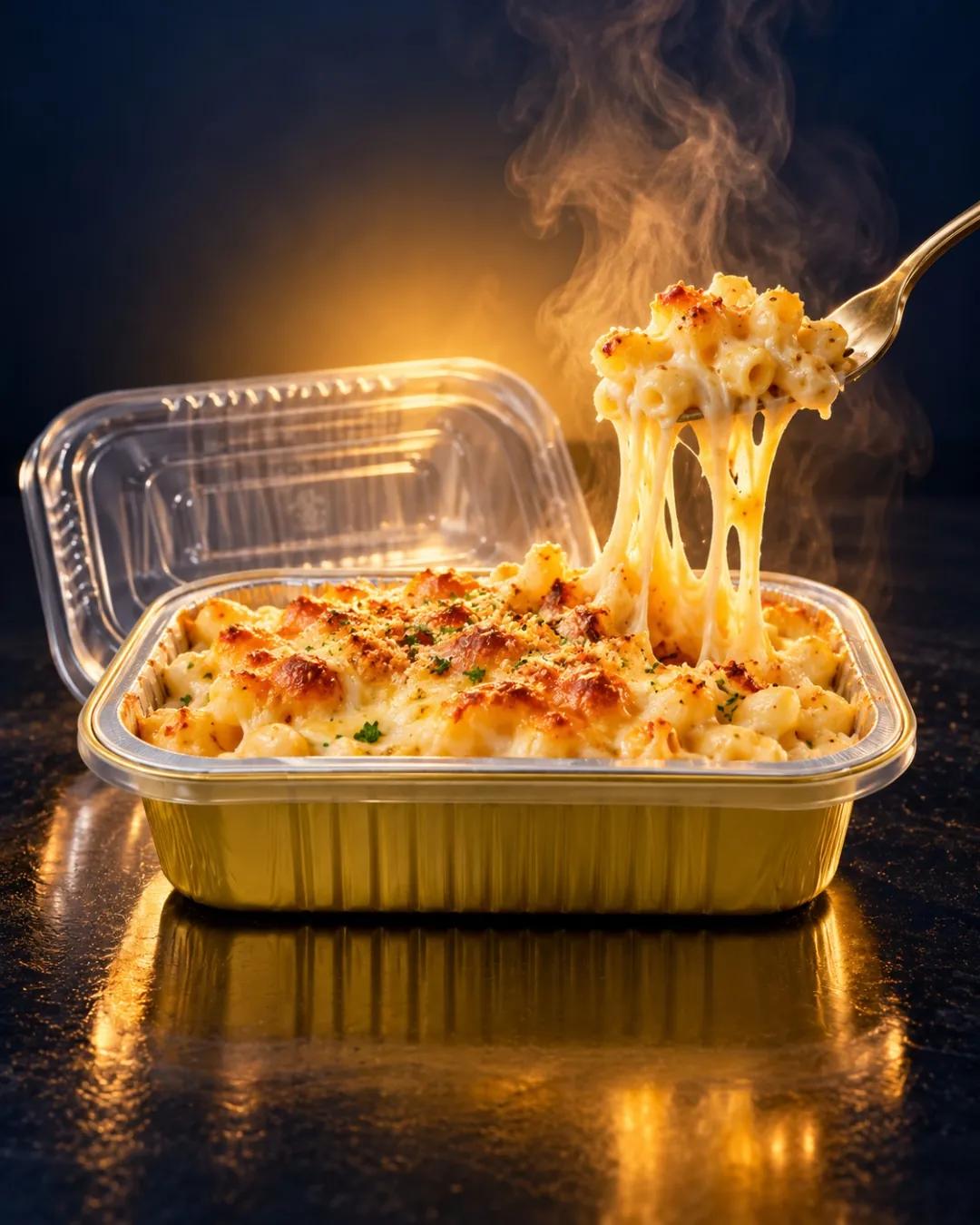 A gold foil container with a clear lid and baked pasta