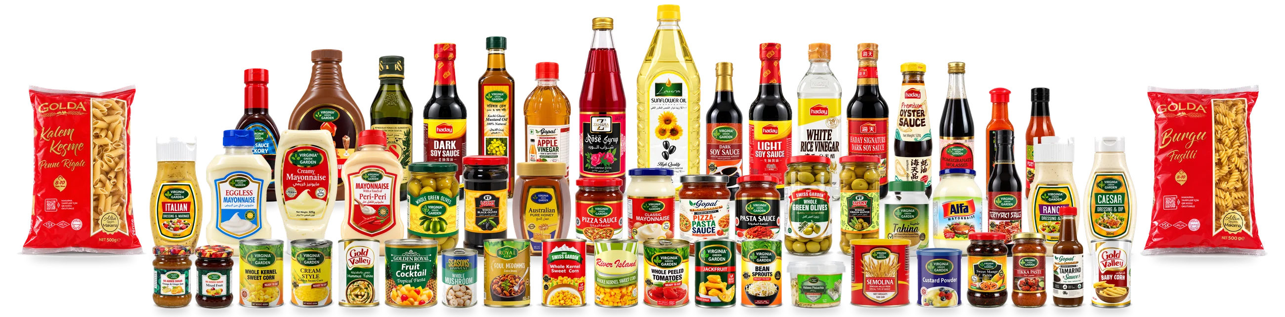 The Dar Distributors range: oils, sauces, olives, mayonnaise, pasta, tins and jars from Virginia Green Garden, Haday, Gopal, Golda, Golden Royal and more